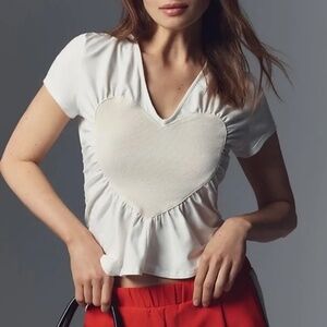Anthropologie Maeve Heart Embellished V-Neck Tee, Small